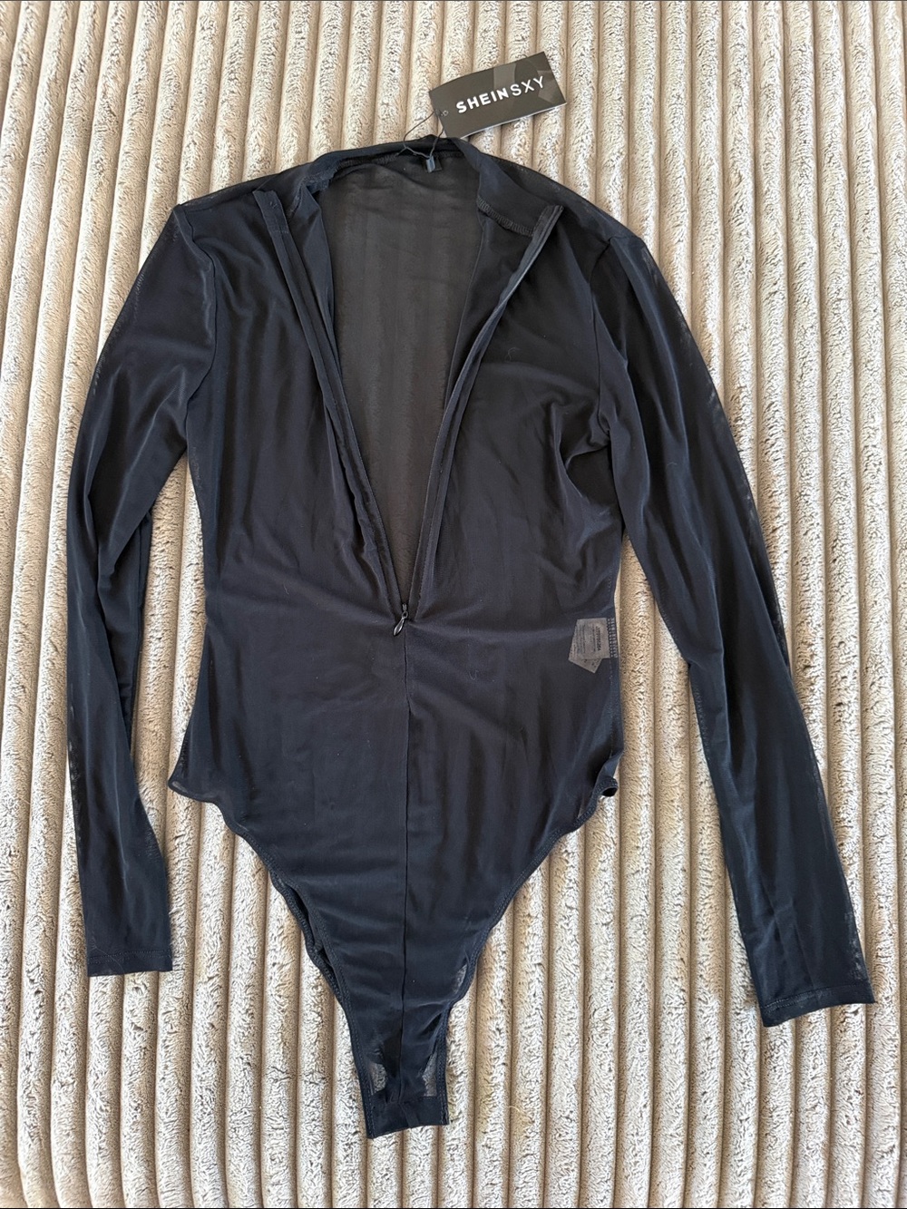 SHEIN SXY Black Zip-Front Long Sleeve Bodysuit